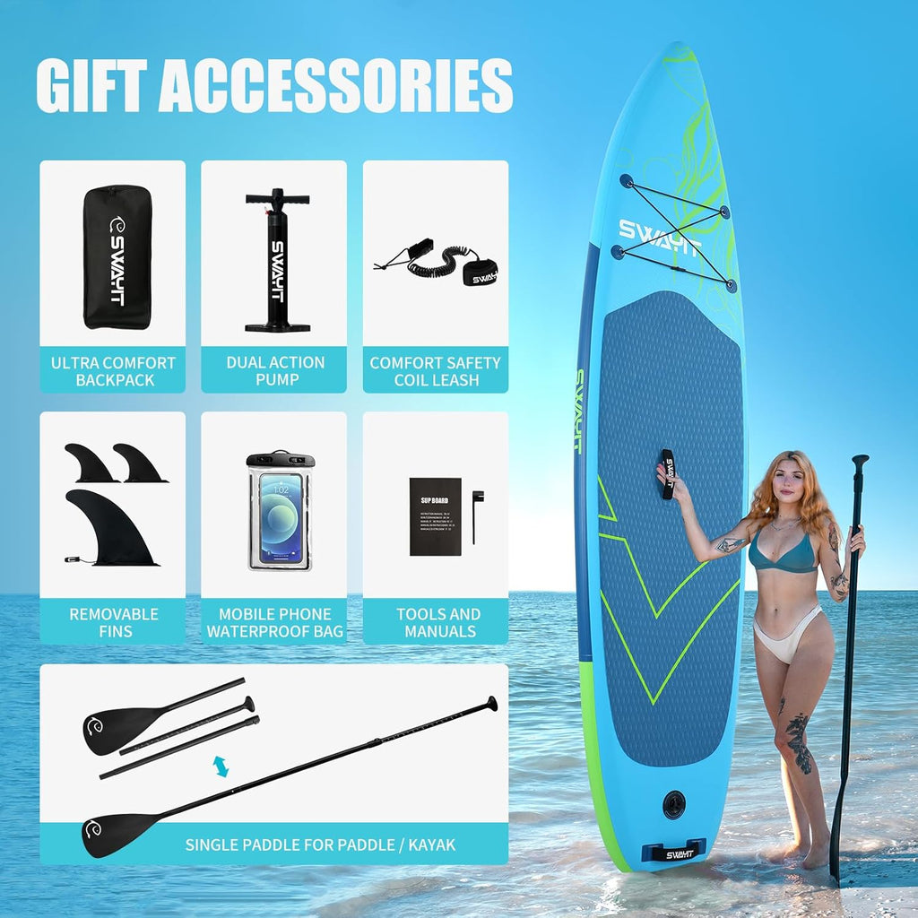 Jellyfish Yellow Inflatable Stand Up Paddle Board – Durable SUP with Adjustable Paddle,Dual Action Pump, Carry Bag, Ankle Leash, Non-Slip EVA Deck – All Skill Levels