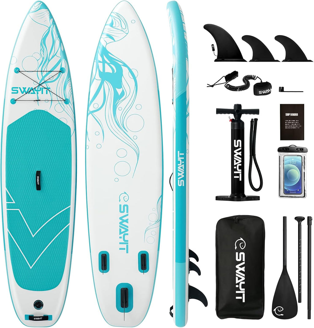 Jellyfish White Inflatable Stand Up Paddle Board – Durable SUP with Adjustable Paddle,Dual Action Pump, Carry Bag, Ankle Leash, Non-Slip EVA Deck – All Skill Levels