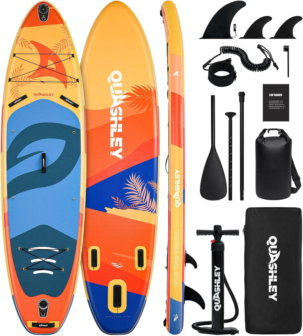 Quashley Inflatable Paddle Board 11ft×34 inch Extra Wider Stand Up Paddle Board Stable Inflatable SUP with 10L Waterproof Bag,Pump,Paddle,3 Removable Fins and Portable Backpack