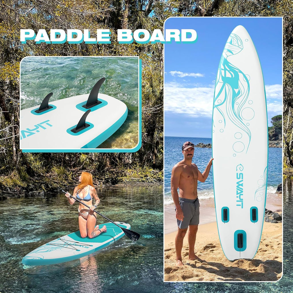 Jellyfish White Inflatable Stand Up Paddle Board – Durable SUP with Adjustable Paddle,Dual Action Pump, Carry Bag, Ankle Leash, Non-Slip EVA Deck – All Skill Levels